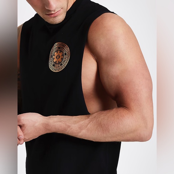 River Island Mens Black Gold Circle Print Tank Top - Picture 3 of 5